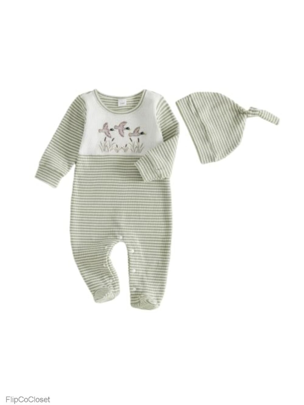 Newborn Boy Waffle Knit Footie Romper Duck Embroidered Jumpsuit